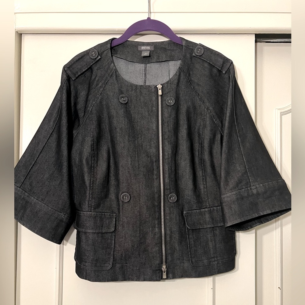 Kenneth Cole Reaction Cropped Chambray Wide Sleeve Zip Blue Blazer Womens 12